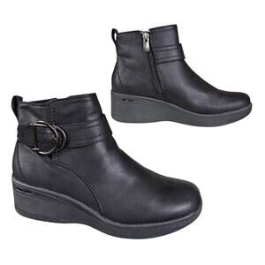 Skechers Pier Lite Ankle Boots Women 6.5 Black Memory Foam Comfort Wedge Bootie